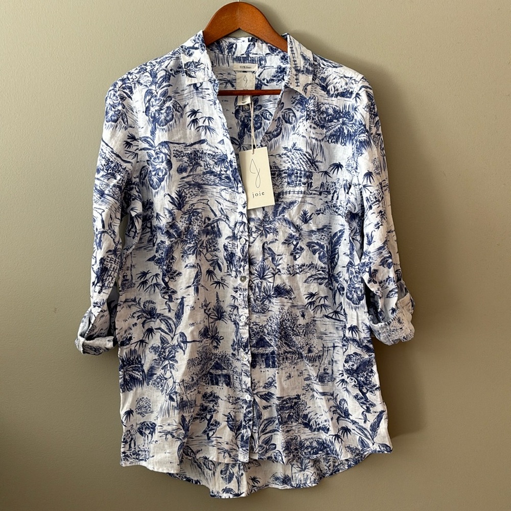 NWT Joie Linen Resort Blouse Blue White Large